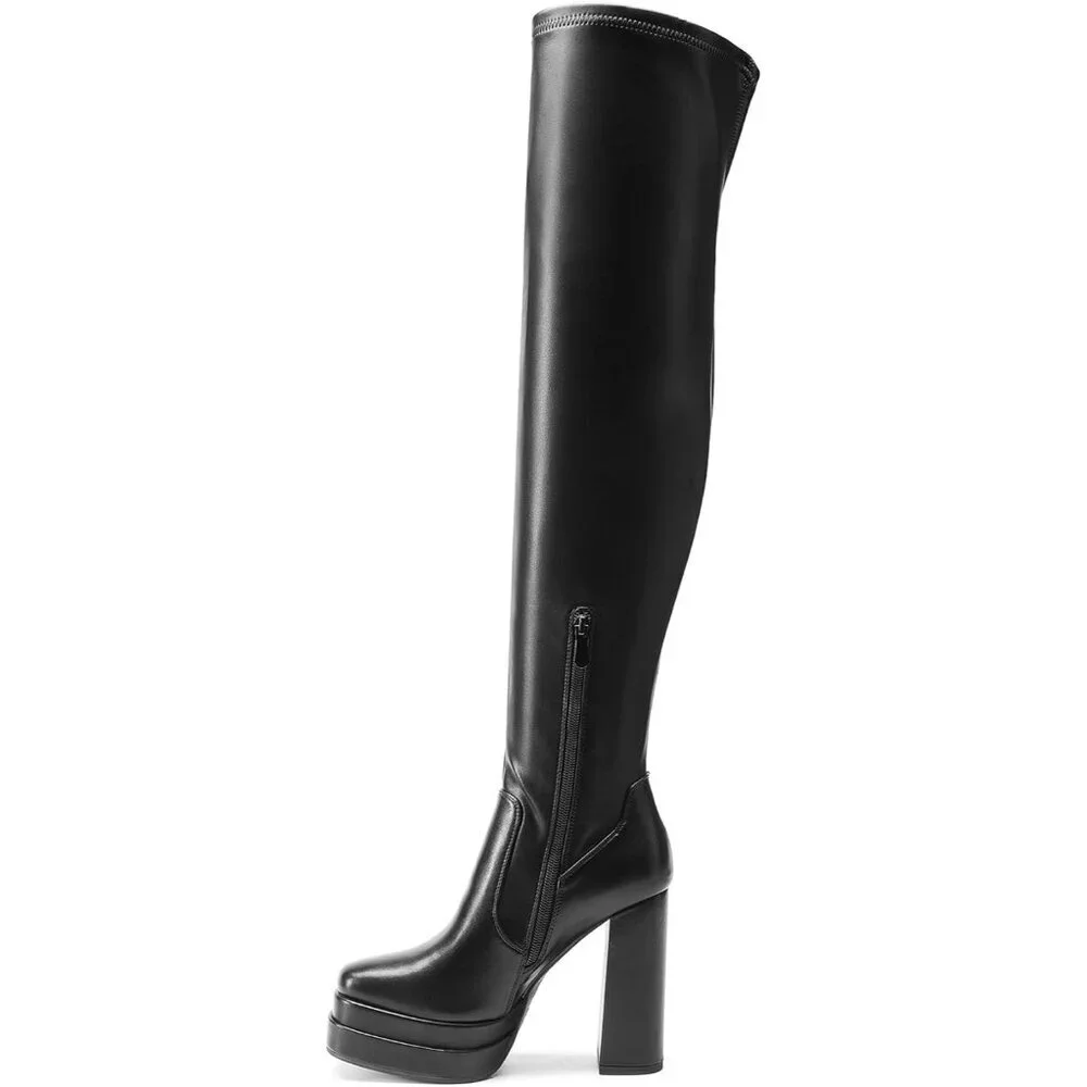 Women's Black Polyurethane (PU) Square Toe Over The Knee Thigh High Long Boots